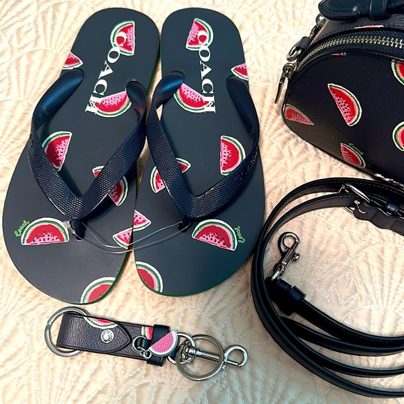 4pc Coach Watermelon Set 🍉 Crossbody Bag, Flops, Cosmetic Bag & Keyfob Rare - Picture 17 of 17